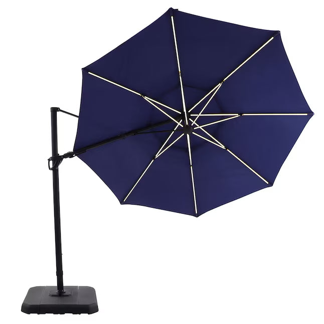 allen + roth 11-ft Aluminum Blue Crank Cantilever Patio Umbrella with Lights with Base