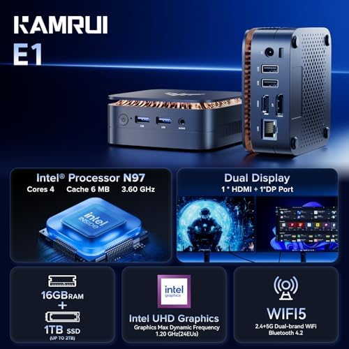 KAMRUI Desktop Mini PC, 16GB RAM 1TB M.2 SSD, Mini Computer with N97 Processor, Quad Core Small Computers 4K UHD, Support WiFi, Gigabit Ethernet, HTPC for Daily Use