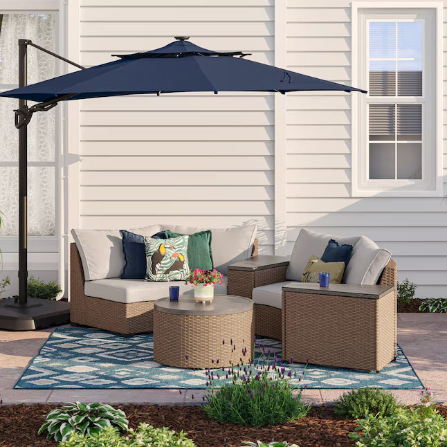 allen + roth 11-ft Aluminum Blue Crank Cantilever Patio Umbrella with Lights with Base