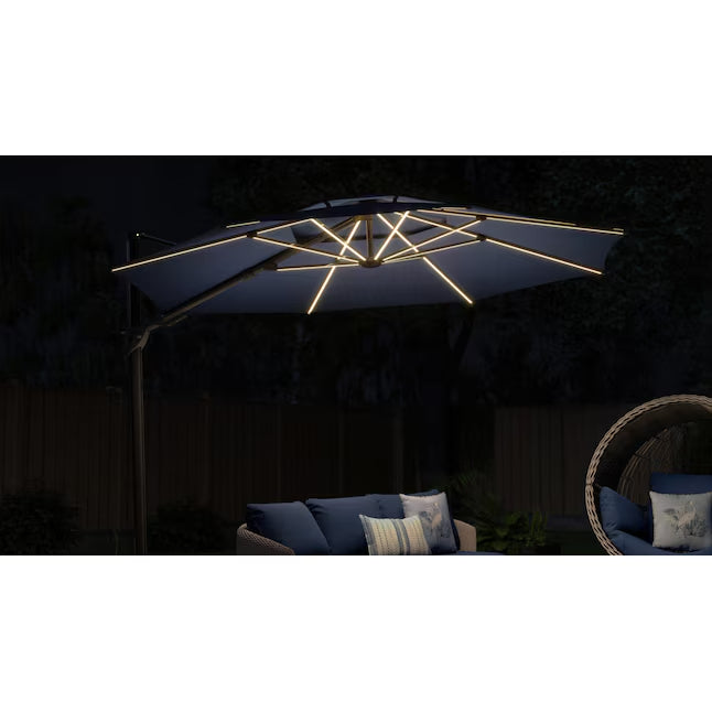 allen + roth 11-ft Aluminum Blue Crank Cantilever Patio Umbrella with Lights with Base