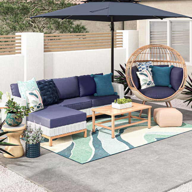 allen + roth 11-ft Aluminum Blue Crank Cantilever Patio Umbrella with Lights with Base