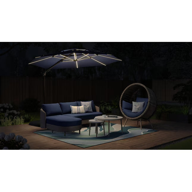 allen + roth 11-ft Aluminum Blue Crank Cantilever Patio Umbrella with Lights with Base