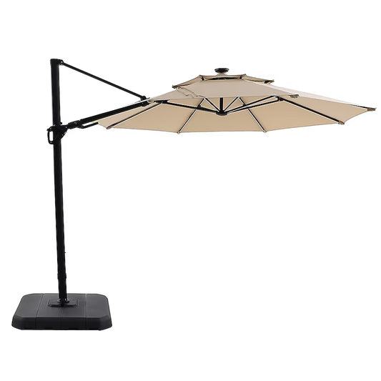 allen + roth 11-ft Aluminum Blue Crank Cantilever Patio Umbrella with Lights with Base
